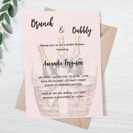 ブランチと泡立つピンクのブライダルシャワー 招待状