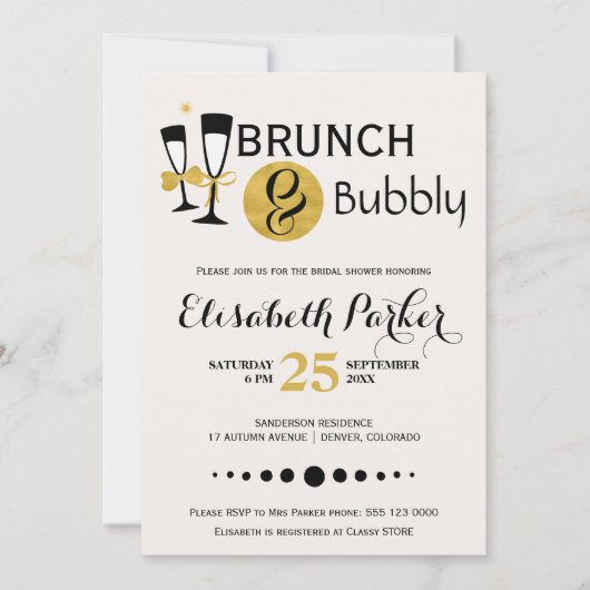 ブランチと泡立つ白い黒の金ゴールドブライダルシャワー 招待状 (正面)