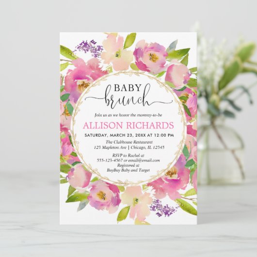 ブランチのベビーシャワーの女の子は、ピンクの金ゴールドの緑の草木赤面します 招待状 (スタンド正面)