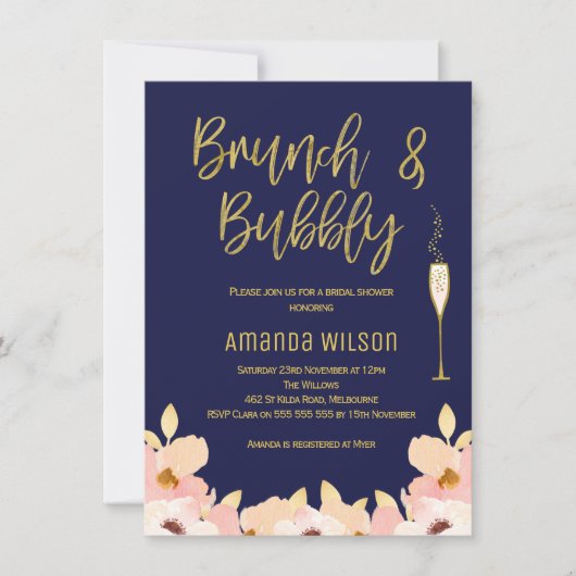 ブランチの快活で青い金ゴールドのブライダルシャワーの招待状 招待状 (正面)