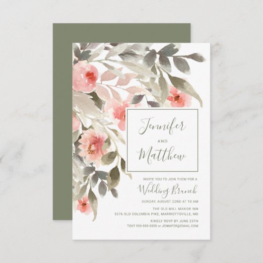ブランチの水彩画の赤面のばら色の花柄を結婚した後 招待状 (正面/裏面)