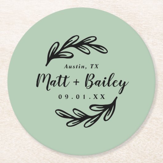 ブランチはっきりしたス結婚モノグラムラウンド紙コースター ラウンドペーパーコースター (正面)