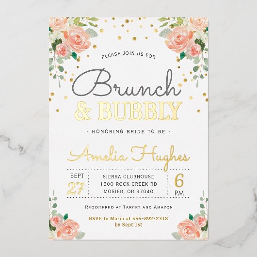 ブランチアンドバブリーブライダルシャワー赤面牡丹金ゴールド 箔招待状 (正面)