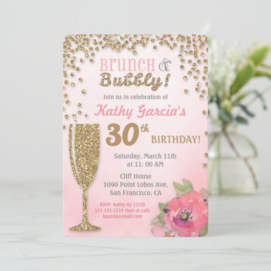 ブランチアンドバブリー誕生日グリッター招待状 招待状 (スタンド正面)