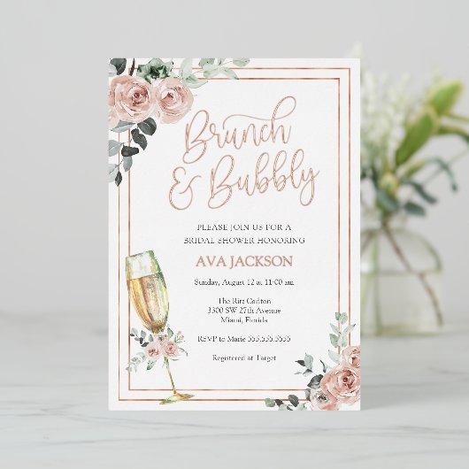 ブランチアンドバブリー赤面花模様ブライダルシャワー 箔招待状 (立ち正面)
