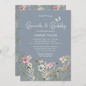 ブランチアンドバブルワイルドフラワーブルーブライダルシャワー 招待状 (正面/裏面)