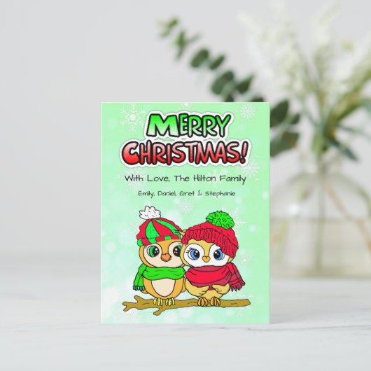 ブランチクリスマスに可愛いフクロウカップル シーズンポストカード (スタンド正面)