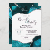 ブランチバブリーティール(緑がかった色)シルバーグリッターアゲートシャワー 招待状 (正面/裏面)