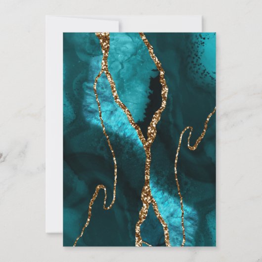 ブランチバブリーティール(緑がかった色)金ゴールドグリッターアゲートシャワー 招待状 (裏面)