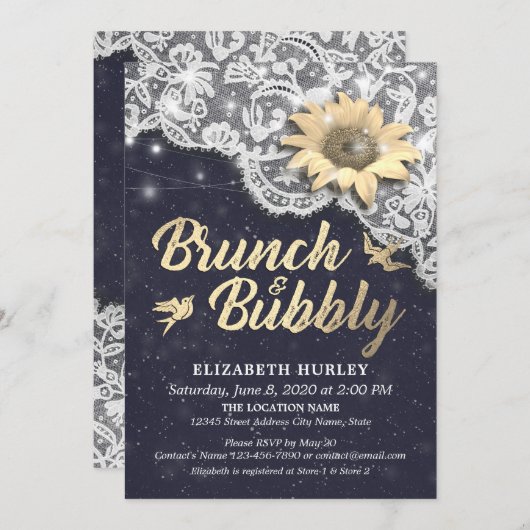 ブランチバブリーブライダルシャワーレースサンフラワーライト 招待状 (正面/裏面)