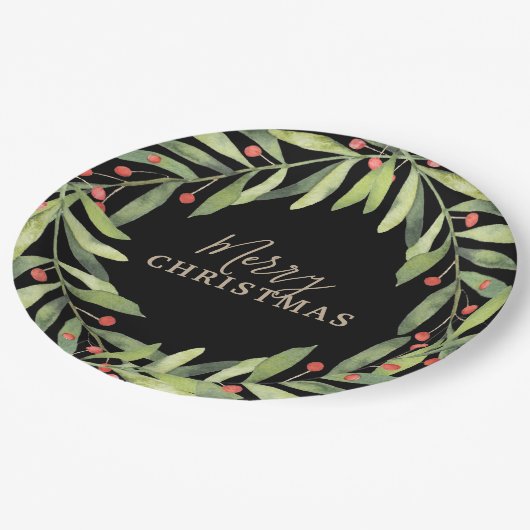 ブランチベリーオンブラックメリークリスマス ペーパープレート (アングル)