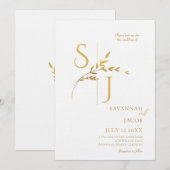 ブランチミニマリストホワイトおよびモダン金ゴールド結婚ズ 招待状 (正面/裏面)