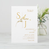 ブランチミニマリストホワイトおよびモダン金ゴールド結婚ズ 招待状 (スタンド正面)