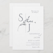 ブランチミニマリスト白とシルバー結婚ズ 招待状 (正面/裏面)