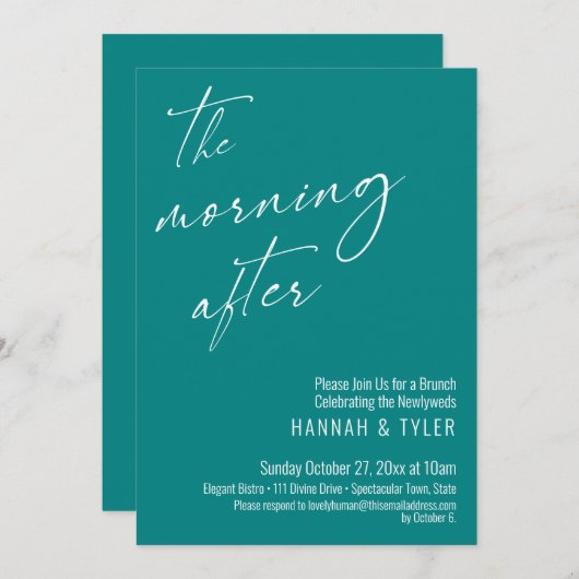 ブランチモダンの次の朝のスクリプトティール(緑がかった色) 招待状 (正面/裏面)