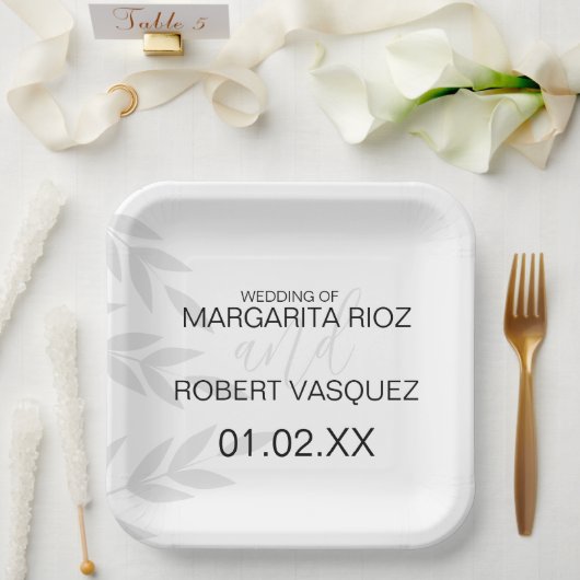 ブランチモダングレイ白黒 ペーパープレート (ウェディング)