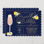 ブランチ及び快活なレモン金ゴールドの濃紺のブライダルシャワー 招待状 (正面/裏面)
