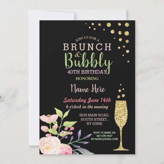 ブランチ及び快活な誕生日の金ゴールドの花の招待 招待状 (正面)