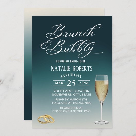 ブランチ&バブリーエレガントティール(緑がかった色)グラデーションブライダルシャワー 招待状 (正面/裏面)