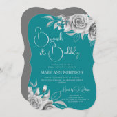 ブランチ&バブリーシルバーフローラブライダルシャワーティール(緑がかった色) 招待状 (正面/裏面)