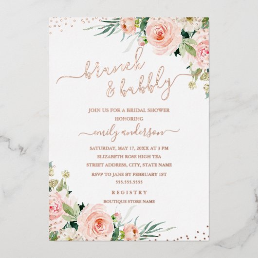 ブランチ&バブリーフローラバラ金ゴールドブライダルシャワー 箔招待状 (正面)