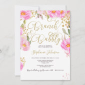 ブランチ&バブリーフローラピンク&金ゴールドブライダルシャワー 招待状 (正面)