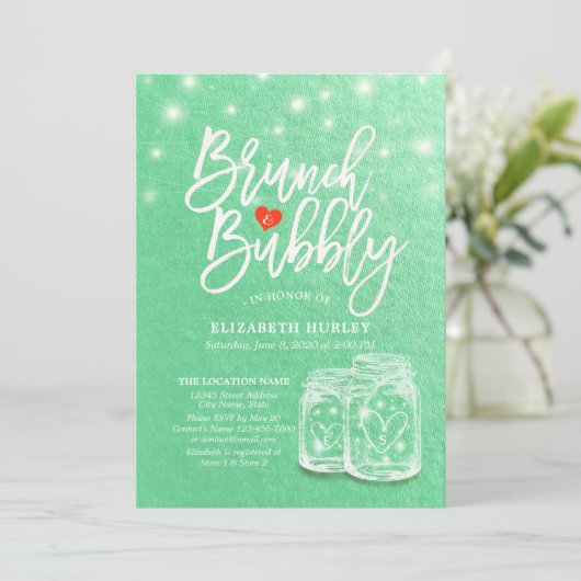 ブランチ&バブリーブライダルシャワーメイスンジャールグリーン金ゴールド 招待状 (スタンド正面)
