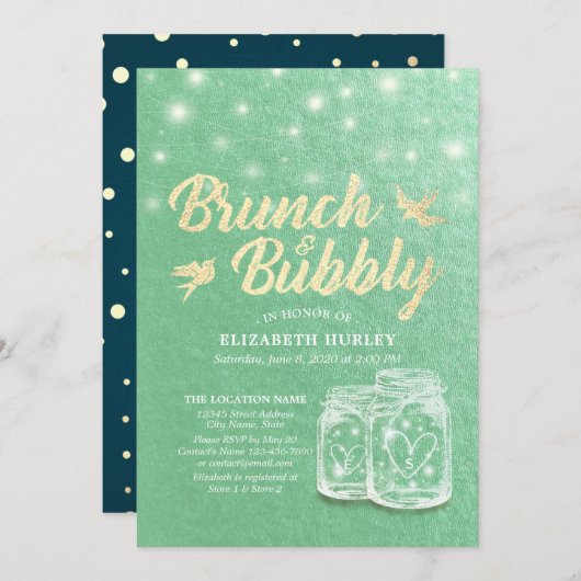 ブランチ&バブリーブライダルシャワーメイスンジャールグリーン金ゴールド 招待状 (正面/裏面)