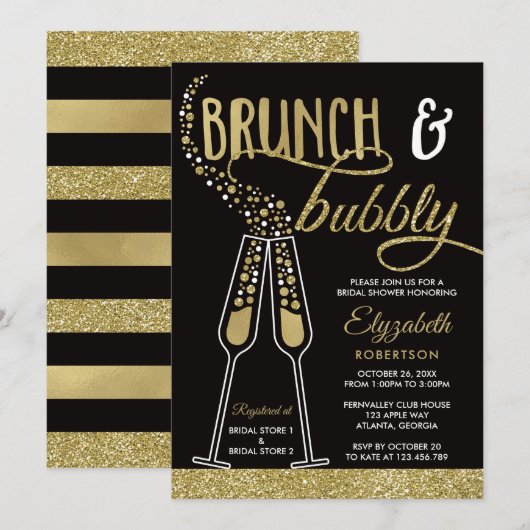 ブランチ&バブリーブライダルシャワー招待状フェイク金ゴールド 招待状 (正面/裏面)