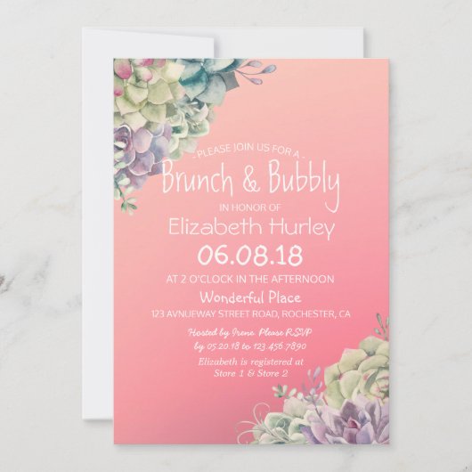 ブランチ&バブリーブライダルシャワー水色多肉質 招待状 (正面)