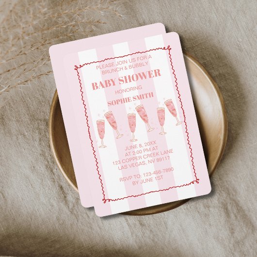 ブランチ&バブルピンク&赤ベビーシャワー 招待状