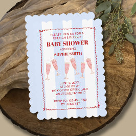 ブランチ&バブルブルー&赤ウェーブベイビー縁どブシャワー 招待状