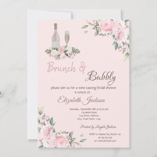 ブランチ&バブーブリーピンクの花ブライダルシャワー 招待状 (正面)