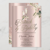 ブランチ&バブーブリーピンクの花ワインブライダルシャワー 招待状 (正面/裏面)