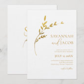 ブランチ ミニマリスト ホワイト ゴールド リーフ ウェディング 招待状 (正面/裏面)