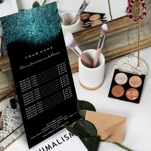 ブランディング価格表ターコイズブルーブラックグリッター ラックカード