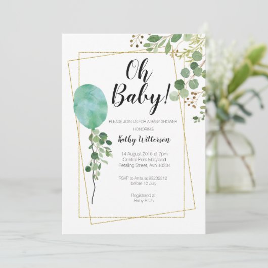 ブランデーグラスの水彩画の緑の草木のohベビーシャワー 招待状 (スタンド正面)