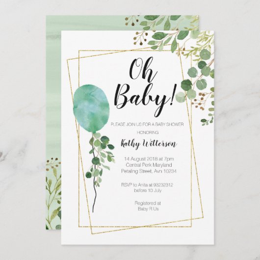 ブランデーグラスの水彩画の緑の草木のohベビーシャワー 招待状 (正面/裏面)