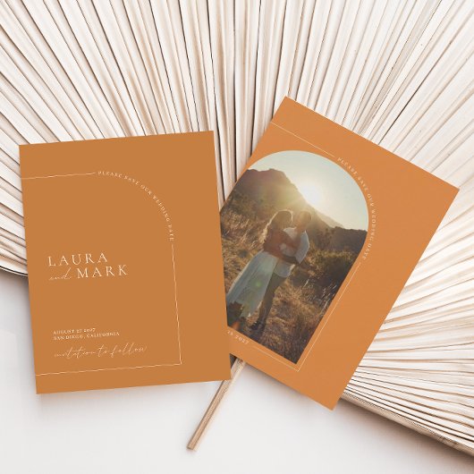 ブラントモダンオレンジのアーチ写真日付を保存