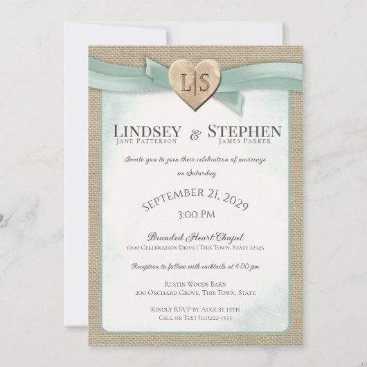 ブランドハートとリボンSage Green 結婚's 招待状 (正面)