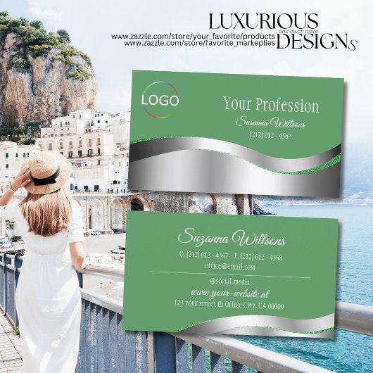 ブランドロゴ付きシャムロックグリーンウェーブシルバーデコール 名刺