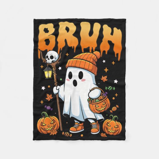 ブラ幽霊ハロウィーンかわいい幽霊のトリックまたはトリートカバー フリースブランケット (正面)