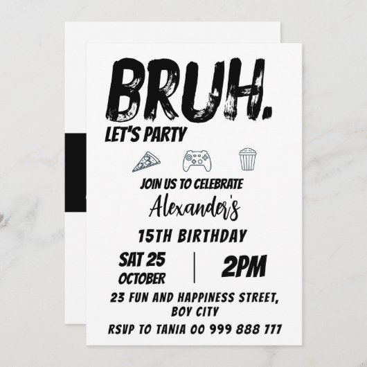 ブラ誕生日10代の若者誕生日10代の、ボーイパーティー 招待状 (正面/裏面)
