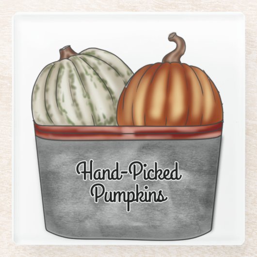 ブリキのバスケットに入ったオレンジと白のカボチャ ガラスコースター (正面)