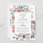 ブリスフルフローラダスティブルーエレガント庭園の結婚式 招待状 (正面)