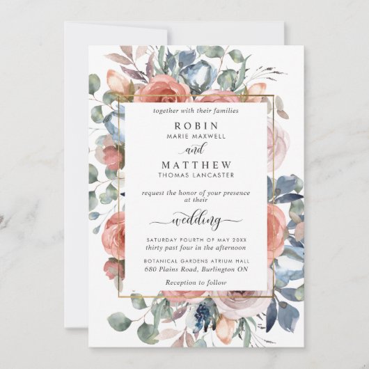 ブリスフルフローラダスティブルーエレガント庭園の結婚式 招待状 (正面)