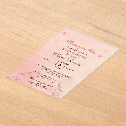 ブリスモダン赤面ピンク赤ちゃんシャワーで咲く アクリル招待状 (レイダウン)