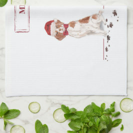 ブリタニおもしろいスのクリスマス犬と木 キッチンタオル