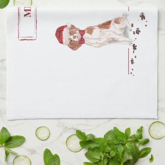 ブリタニおもしろいスのクリスマス犬と木 キッチンタオル (折り畳み)