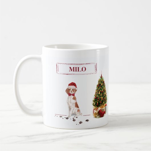 ブリタニおもしろいスのクリスマス犬と木 コーヒーマグカップ (左)